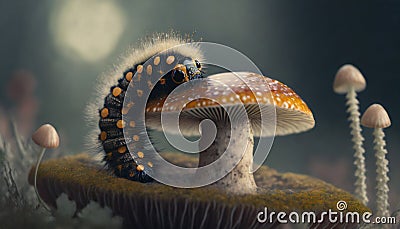 AI generated illustration of a brightly colored caterpillar crawling on the top of a mushroom Cartoon Illustration