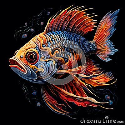 a fish with orange, red and blue colors on its face Cartoon Illustration
