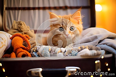 a brown suitcase filled with lots of stuffed toys and a kitten Cartoon Illustration