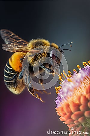 AI generated illustration of a bumblebee flying to pollinate a flower Cartoon Illustration