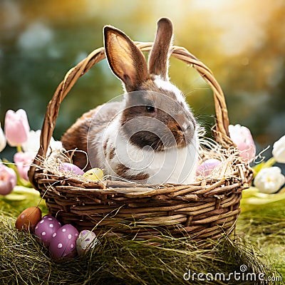 AI-generated illustration of a Bunny rabbit sitting in an Easter Basket Cartoon Illustration