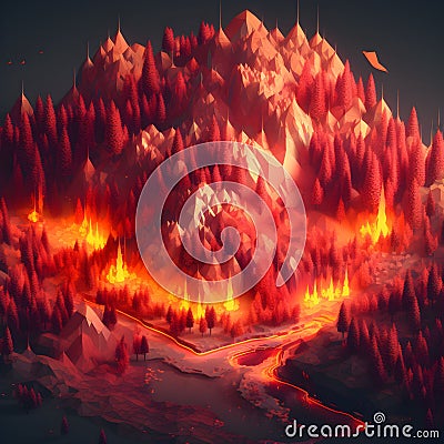 AI generated illustration of a burning volcano situated in the mountains at nighttime Cartoon Illustration