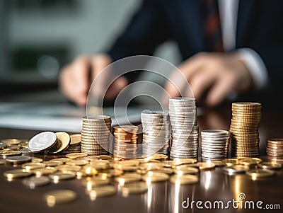 AI generated illustration of a businessman adding coins to a tall pile of money Cartoon Illustration