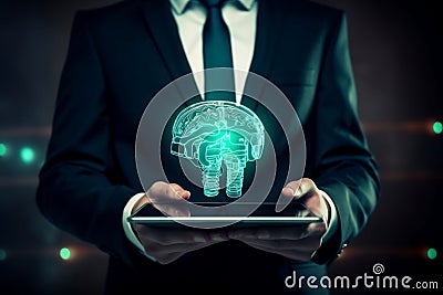 AI generated illustration of a businessman with modern tablet featuring digital brain on the screen Cartoon Illustration