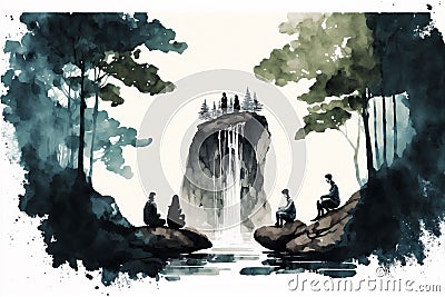 AI generated illustration of campers sitting under the trees Cartoon Illustration