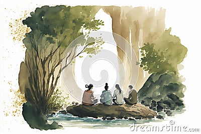 AI generated illustration of campers sitting under the trees Cartoon Illustration