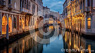 AI generated illustration of a canal in venice, italy, featuring softly illuminated buildings Cartoon Illustration