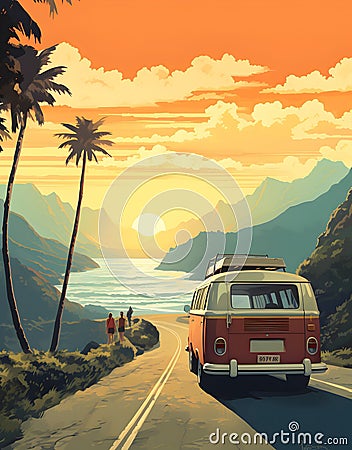 AI generated illustration of a cargo van driving along a coastal highway Cartoon Illustration