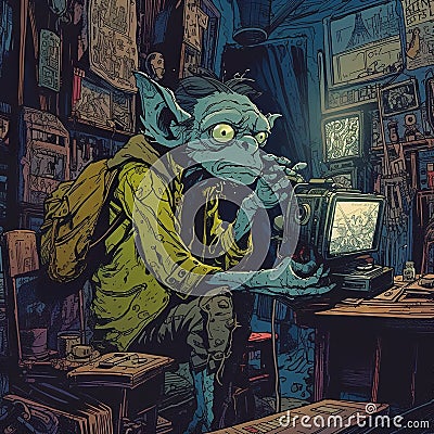 AI generated illustration of a anxious gremlin waiting for something important, comic book style Cartoon Illustration