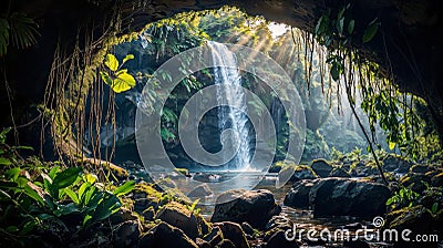 AI generated illustration of a cascading waterfall, a hidden grotto unveils itself Cartoon Illustration