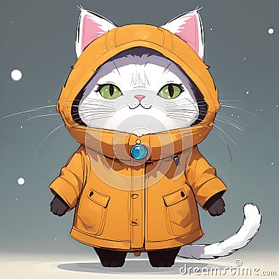 AI generated illustration of a cat wearing a bright yellow raincoat Cartoon Illustration