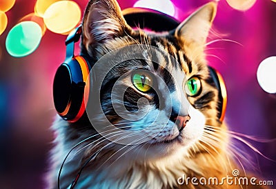 AI generated illustration of A cat wearing headphones in front of a pink background Cartoon Illustration