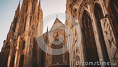 AI generated illustration of cathedrals and towers illuminated by sunset outside the church Cartoon Illustration