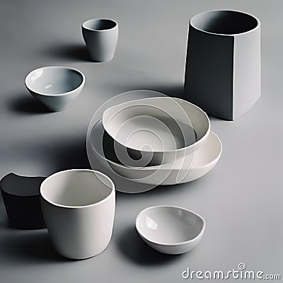 AI generated illustration of ceramic dishes in grayscale Cartoon Illustration