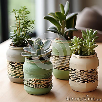 AI-generated illustration of ceramic pots containing lush green foliage situated atop a wooden table Cartoon Illustration