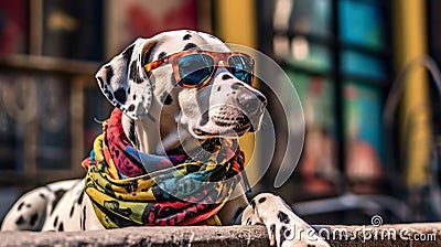 AI generated illustration of a cheerful Dalmatian wearing a vibrant scarf and sunglasses Cartoon Illustration