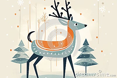 AI generated illustration of a cheerful reindeer standing in a wintery scene amongst tall trees Cartoon Illustration