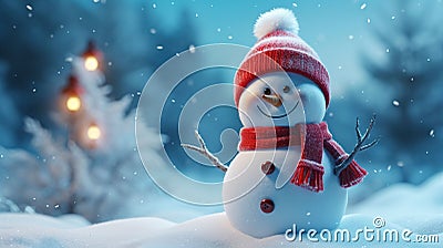 AI generated illustration of A cheerful small snowman wearing a bright red hat and scarf Cartoon Illustration