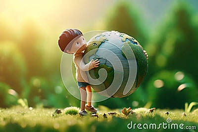 AI generated illustration of a cheerful young boy in a verdant meadow holding planet Earth Cartoon Illustration