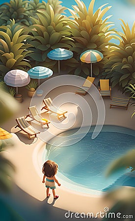 AI generated illustration of a child resting at the border of a swimming pool Cartoon Illustration