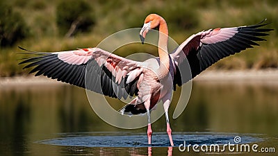 AI generated illustration of a Chilean Flamingo (Phoenicopterus chilensis) wading in a tranquil pond Cartoon Illustration