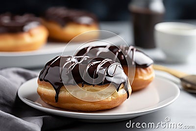 AI generated illustration of chocolate covered doughnuts on a plate Cartoon Illustration