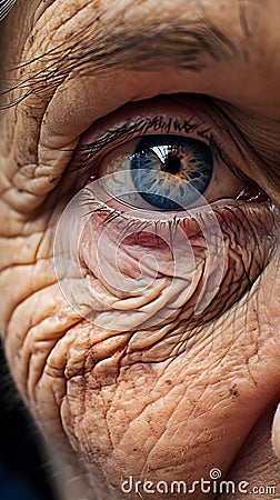 AI generated illustration of a close-up of an elderly with deep blue eyes, and face with wrinkles Cartoon Illustration