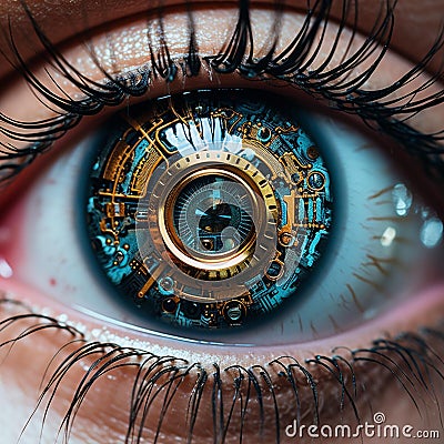 AI generated illustration of a close-up of a human eye with intricate golden robotic-like details Cartoon Illustration