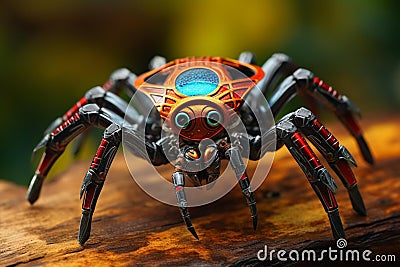 AI generated illustration of a close-up of a metallic robotic spider perched on a wooden surface Cartoon Illustration