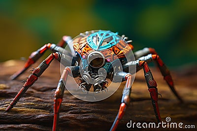 AI generated illustration of a close-up of a metallic robotic spider perched on a wooden surface Cartoon Illustration