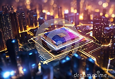 AI generated illustration of a close up of a motherboard with a CPU in a city Cartoon Illustration