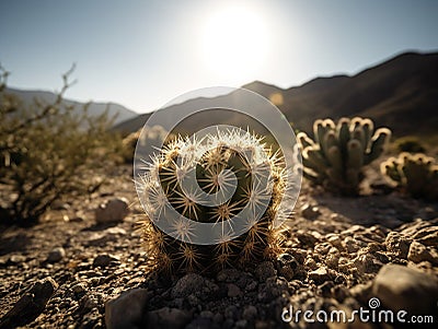 AI generated illustration of a close-up view of a cactus plant in the desert, illuminated by the sun Cartoon Illustration