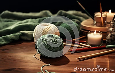 AI generated illustration of a close-up of a wooden table top with yarn and crochet tools Cartoon Illustration