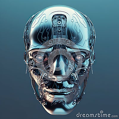 AI generated illustration of a closeup portrait of a robotic face on a gray background Cartoon Illustration