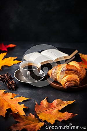 AI generated illustration of coffee, croissants, and autumn leaves arranged on a black background Cartoon Illustration