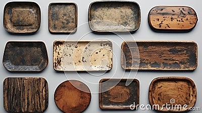 AI generated illustration of a collection of brown-colored finish wooden plates Cartoon Illustration