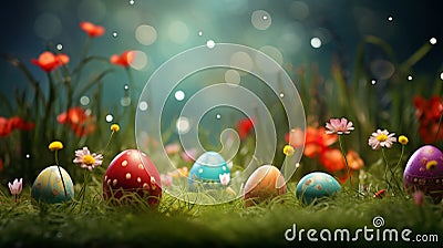 AI generated illustration of A colorful assortment of Easter eggs arranged on a lush green field Cartoon Illustration