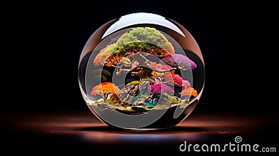 AI generated illustration of a colorful bonsai tree in a glass bubble Cartoon Illustration