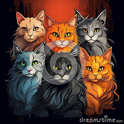 AI generated illustration of colorful cats sitting together in a dimly lit space Cartoon Illustration