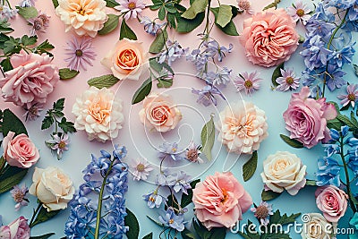 AI generated illustration of colorful flowers elegantly arranged on a serene blue background Cartoon Illustration