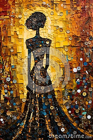 A colorful and intricate artwork featuring an image of a woman wearing a dress, made with coins Cartoon Illustration