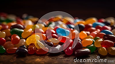 AI generated illustration of a colorful selection of jelly beans arranged on a wooden background Cartoon Illustration