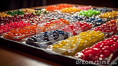 AI generated illustration of a colorful selection of jelly beans arranged on a wooden background Cartoon Illustration