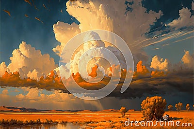 AI generated illustration of colorful sunset cloudscape over the golden field Cartoon Illustration