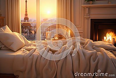 Comfortable cozy bed with soft pillows and blanket in room at sunset in Paris Cartoon Illustration