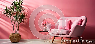 AI generated illustration of a contemporary corner of a room with a pink armchair and a potted plant Cartoon Illustration