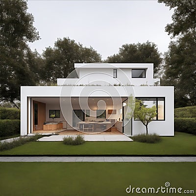 modern home with large grass area, and covered patio area Cartoon Illustration