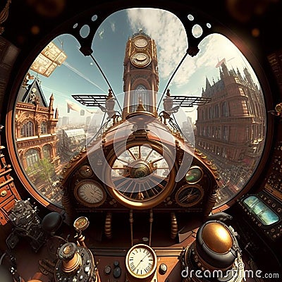 AI generated illustration of the control panel of a steampunk aircraft Cartoon Illustration