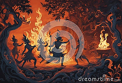 AI generated illustration of a coven of witches performing a ritual around a blazing bonfire Cartoon Illustration