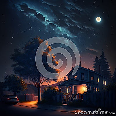AI generated illustration of a cozy house under a magical starry sky at night Cartoon Illustration